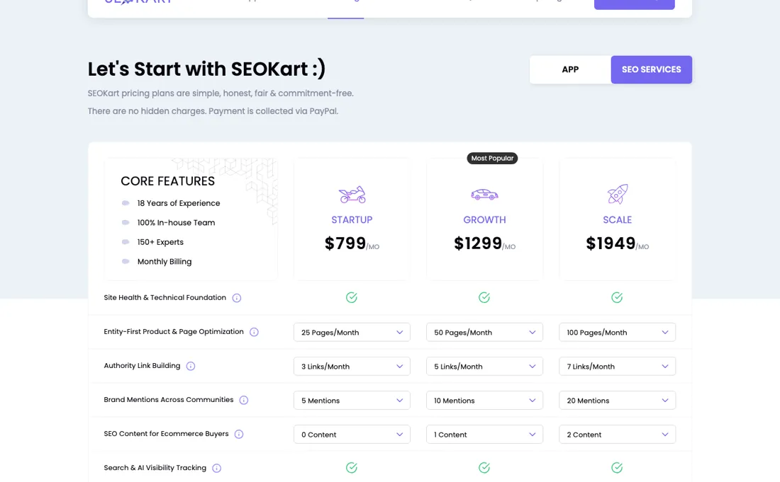SEOKart pricing page