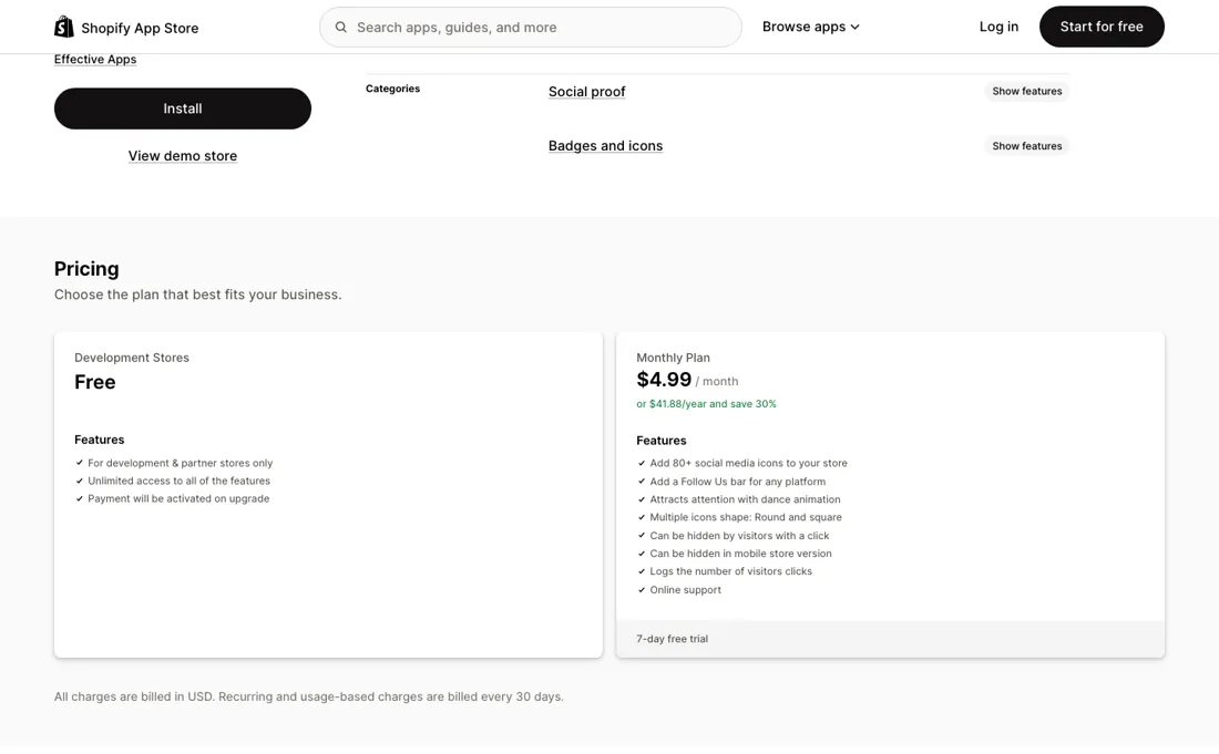 Social Bar pricing page