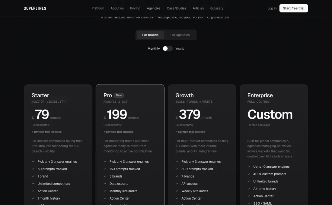 Superlines pricing page