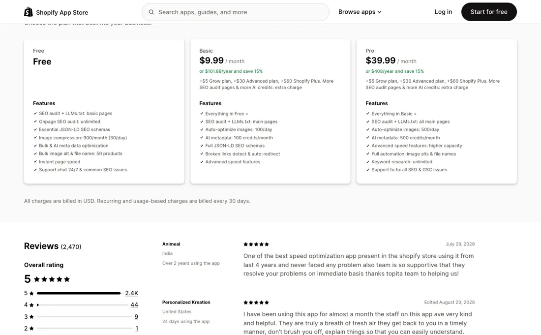 Tapita SEO Optimizer pricing page