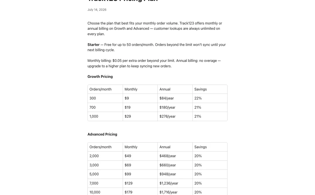 Track123 pricing page