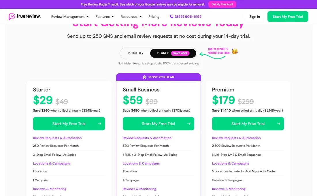 TrueReview pricing page