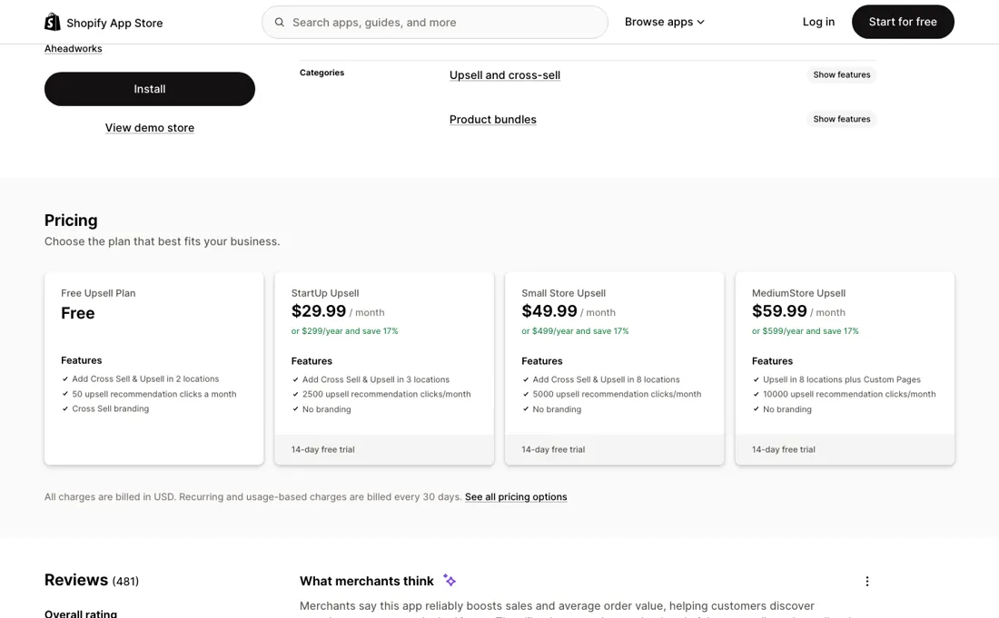 Upsell & Cross Sell - AW pricing page
