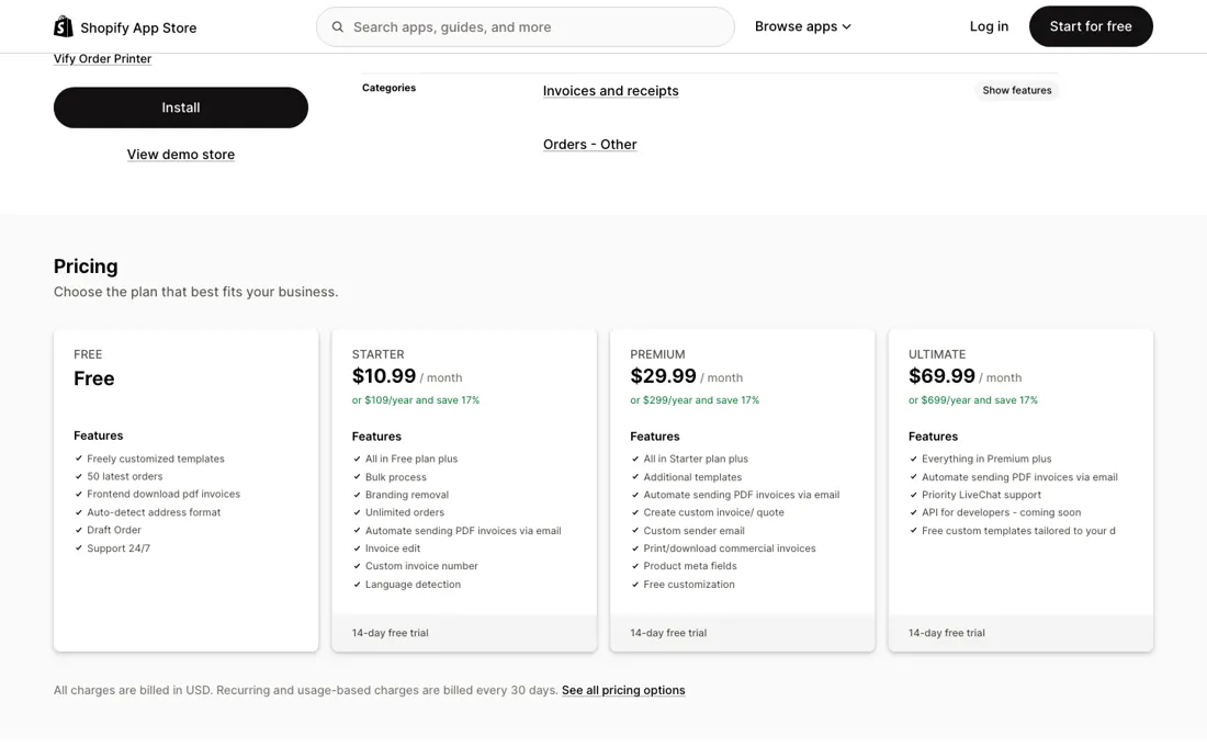 Vify Order Printer pricing page