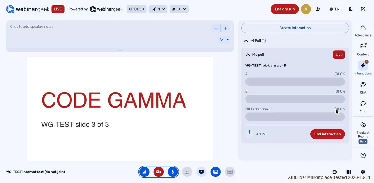 Screenshot from our WebinarGeek test: The poll went live with an empty third option that only shows the placeholder 'Fill in an answer'.