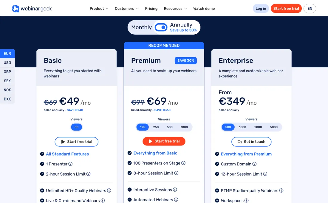 WebinarGeek pricing page